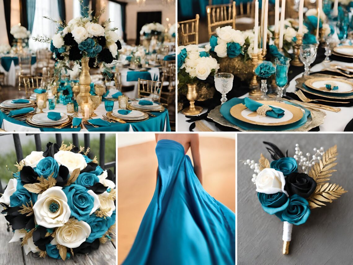 A photo collage with teal, gold, and black wedding color ideas.