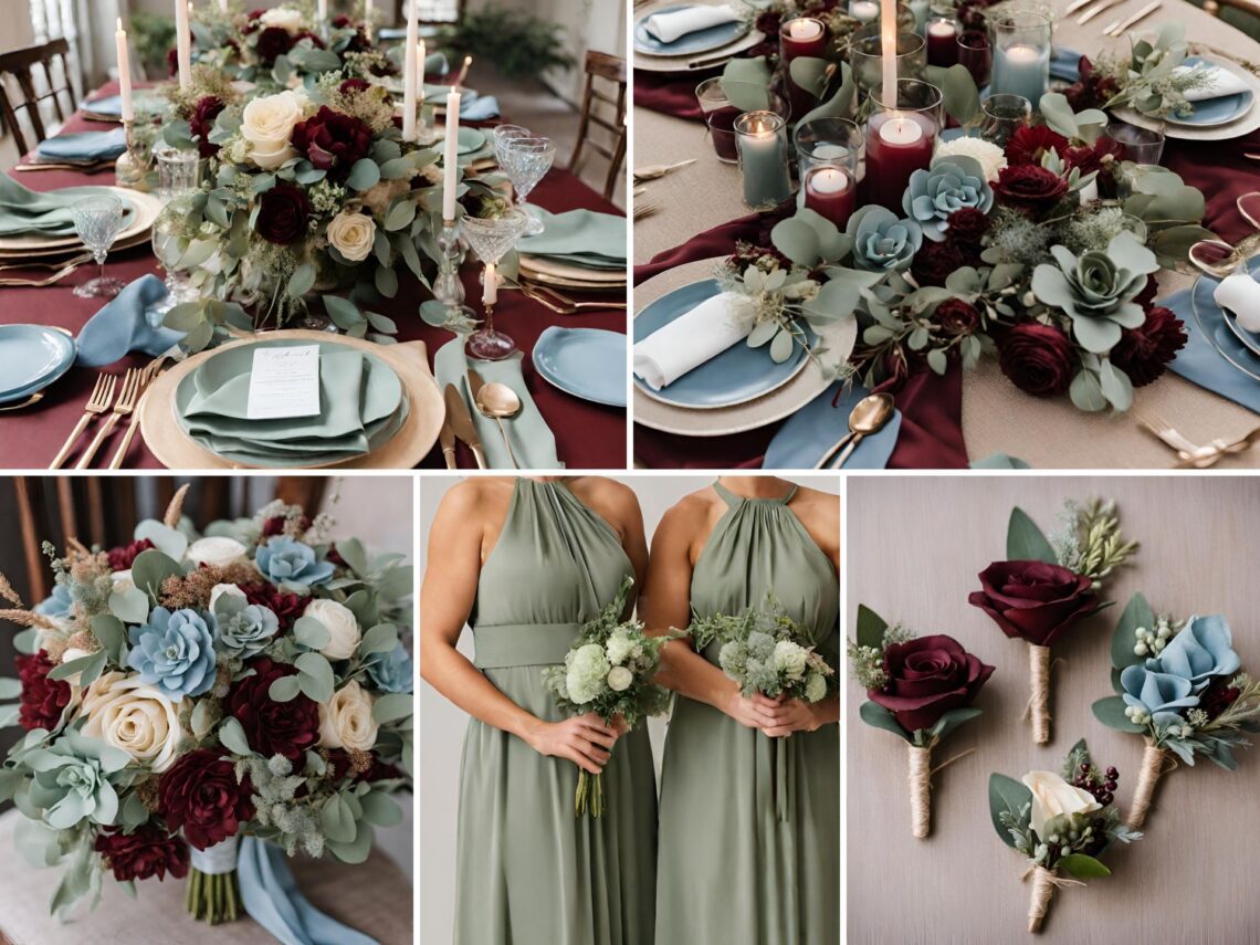 A photo collage with burgundy, sage, and dusty blue wedding color ideas.