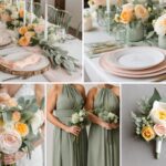 A photo collage with sage green, peach, and pink wedding color ideas.