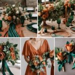 A photo collage with emerald green and terracotta wedding colors.