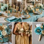 A photo collage with light teal and gold wedding color ideas.
