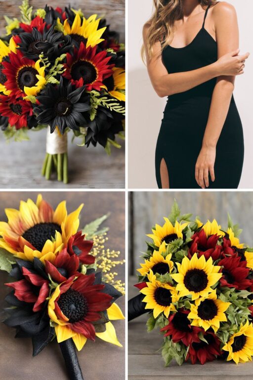 A photo collage with black and red wedding color ideas with sunflowers.