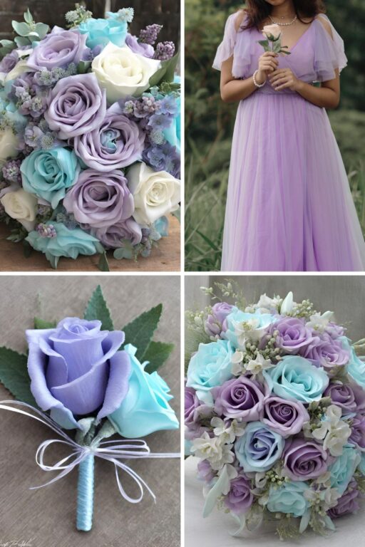 A photo collage of lavender and pale turquoise blue wedding color ideas.