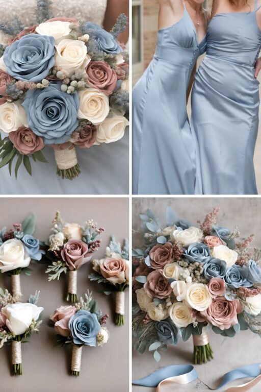 A photo collage of dusty rose and dusty blue wedding color ideas.