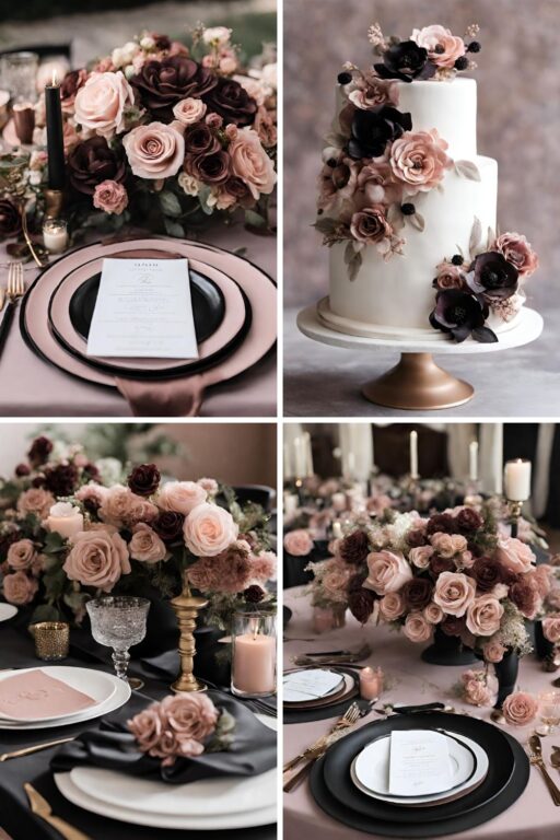 A photo collage of dusty rose wedding color ideas.