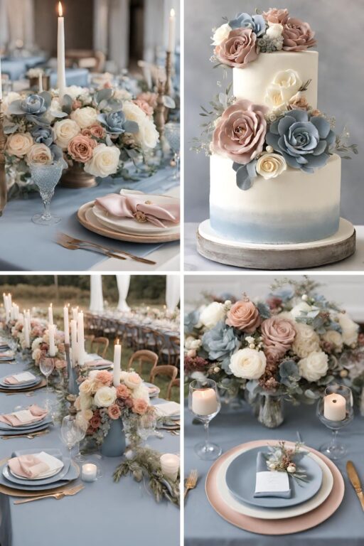 A photo collage of dusty rose and dusty blue wedding color ideas.