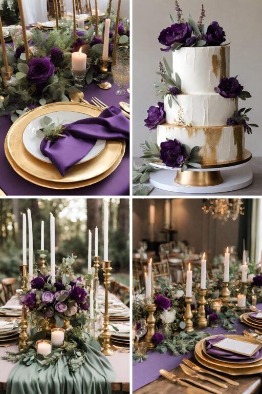 A photo collage with purple and sage green wedding color ideas.