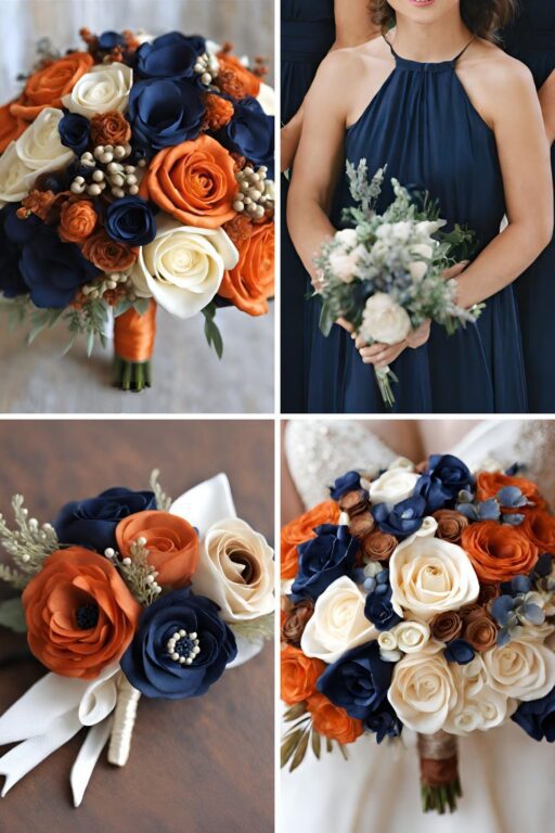 A photo collage with orange and navy wedding color ideas.