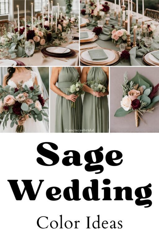 A photo collage with sage green and burgundy wedding colors.