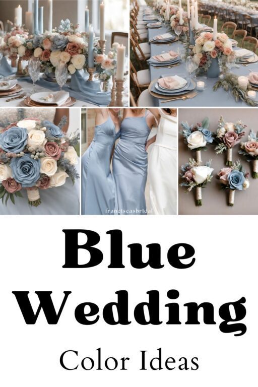 A photo collage of dusty rose and dusty blue wedding color ideas.