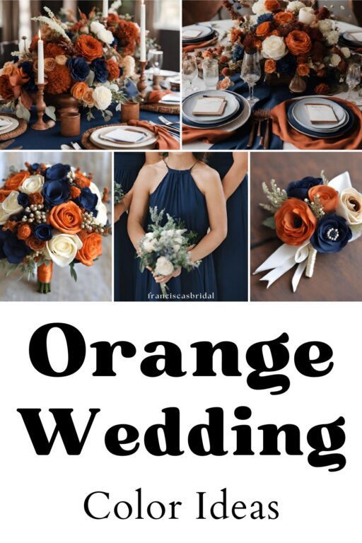 A photo collage with orange and navy wedding color ideas.