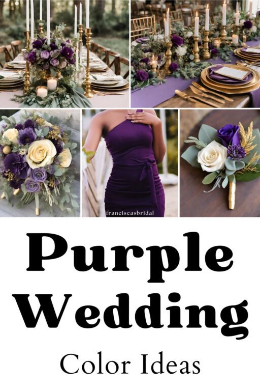 A photo collage with purple and sage green wedding color ideas.