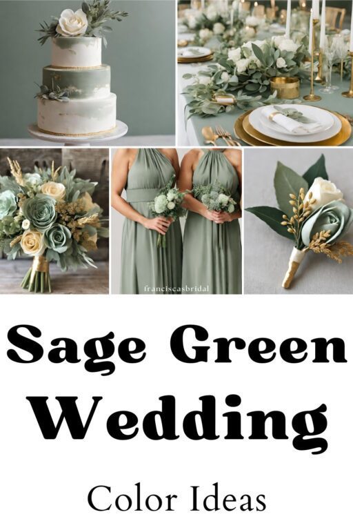 A photo collage with sage green and gold wedding color ideas.