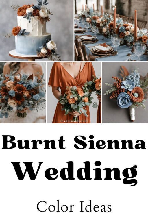 A photo collage with burnt sienna and dusty blue wedding color ideas.