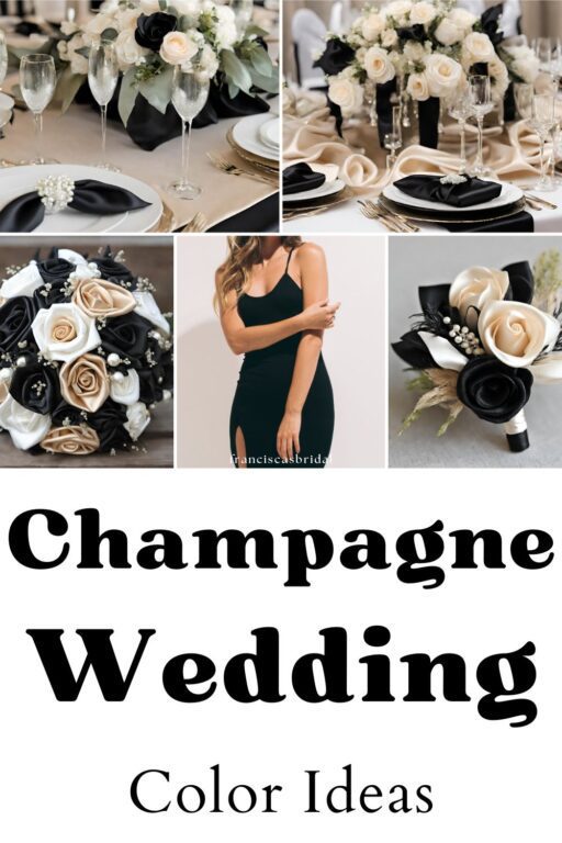 A photo collage with champagne wedding color ideas.