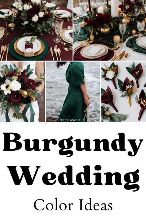 A photo collage with burgundy and hunter green wedding color ideas.