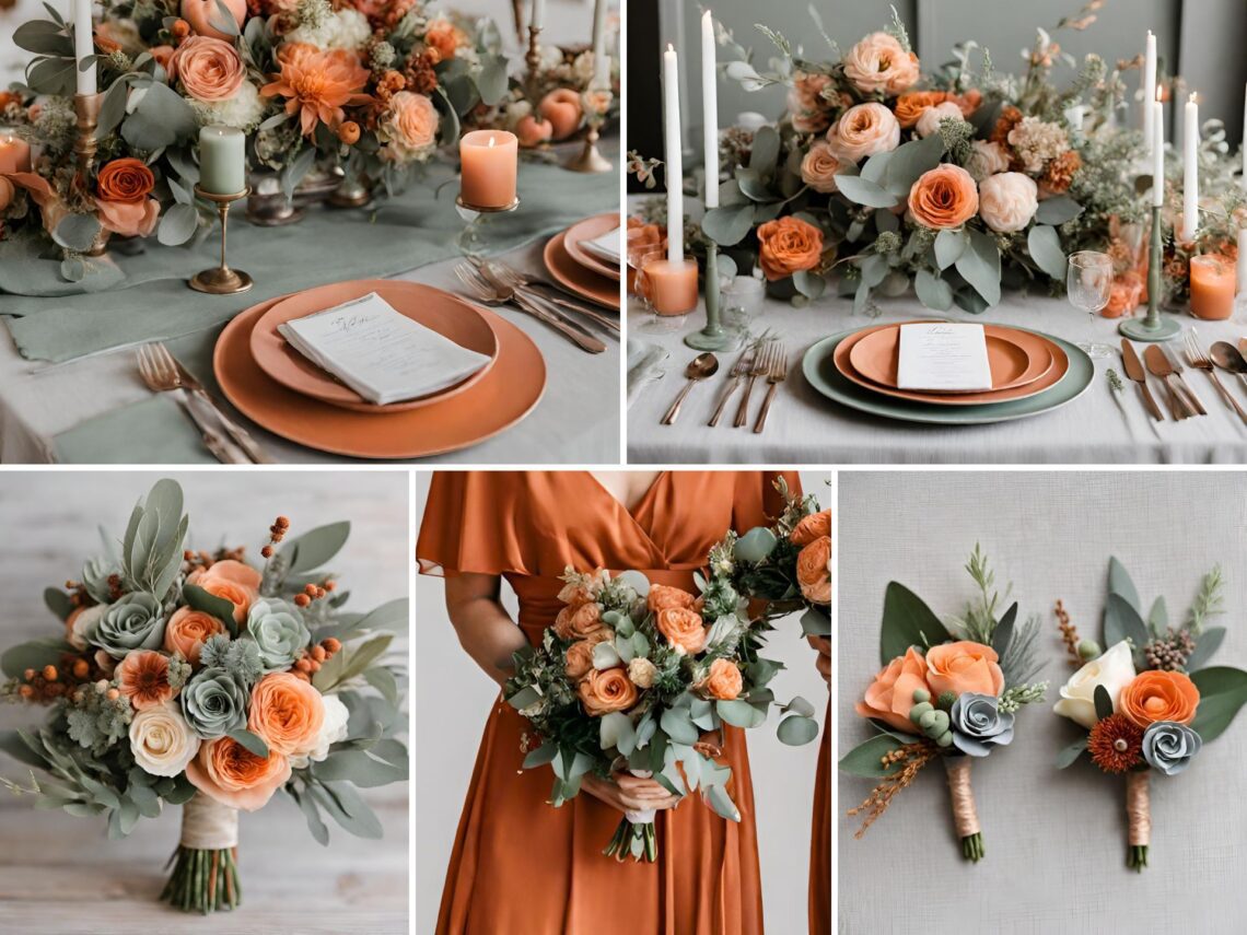 A photo collage with orange and sage green wedding color ideas.