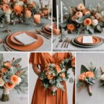 A photo collage with orange and sage green wedding color ideas.