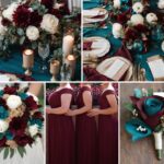 A photo collage of burgundy, dark teal, and tan wedding color ideas.