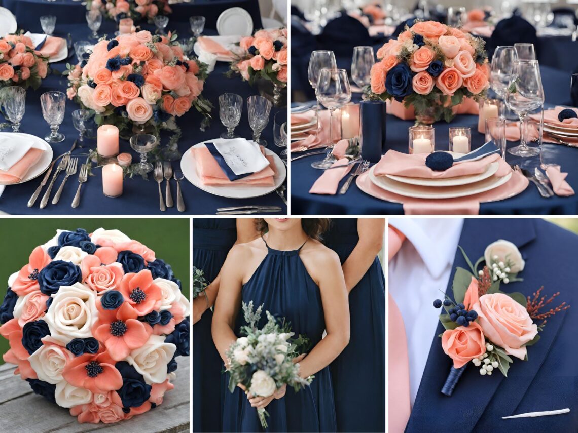 A photo collage of salmon pink and navy blue wedding color ideas.