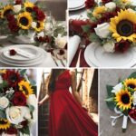 A photo collage of sunflowers, white roses, and red roses wedding color ideas.