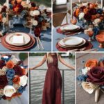 A photo collage with wine red, burnt orange, and denim blue wedding color ideas.