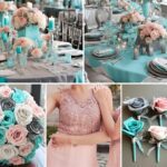A photo collage of tiffany blue and dusty pink wedding color ideas.