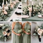 A photo collage of sage green, blush pink, and black wedding color ideas.