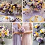 A photo collage with pastel purple, pink, and yellow wedding color ideas.