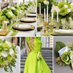 A photo collage with lime green, gold, and white wedding color ideas.