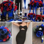 A photo collage with royal blue, red, and black wedding color ideas.