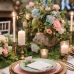A spring wedding table with pastel green, pink, and blue flowers.