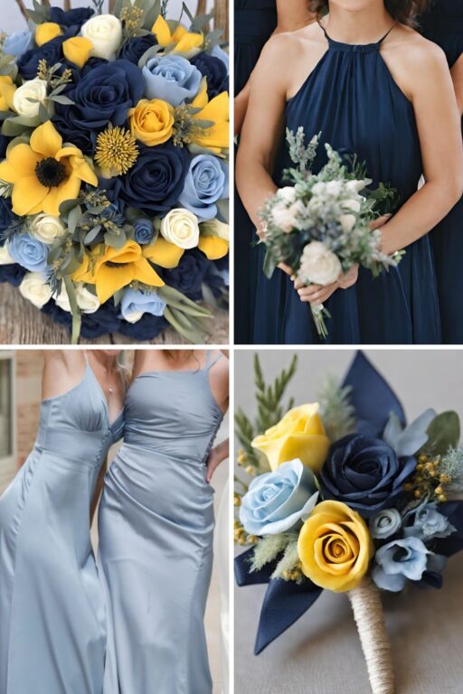 A photo collage with blue and yellow wedding colors.