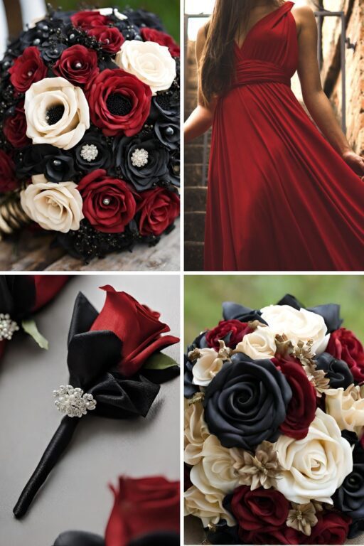 A photo collage of deep red, champagne, and black wedding color ideas.