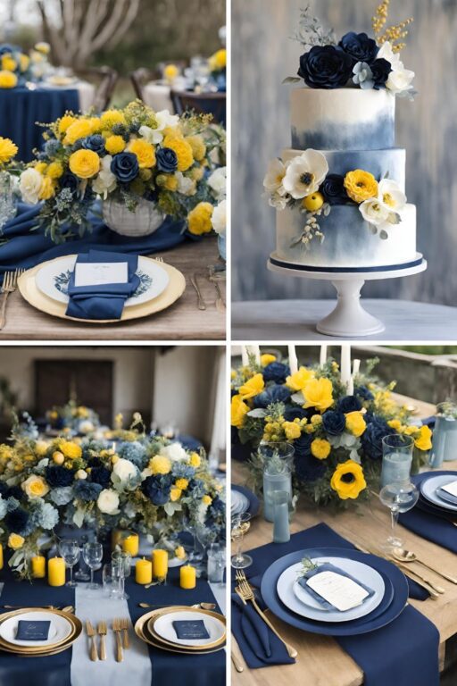 A photo collage with blue and yellow wedding colors.