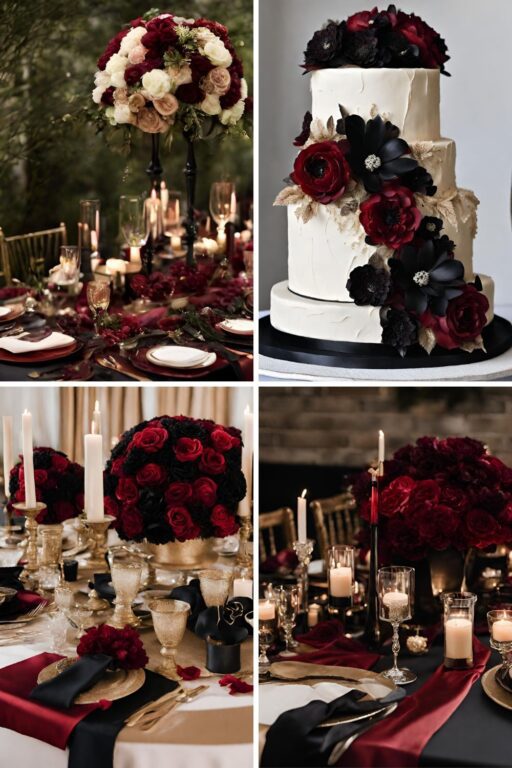 A photo collage of deep red, champagne, and black wedding color ideas.