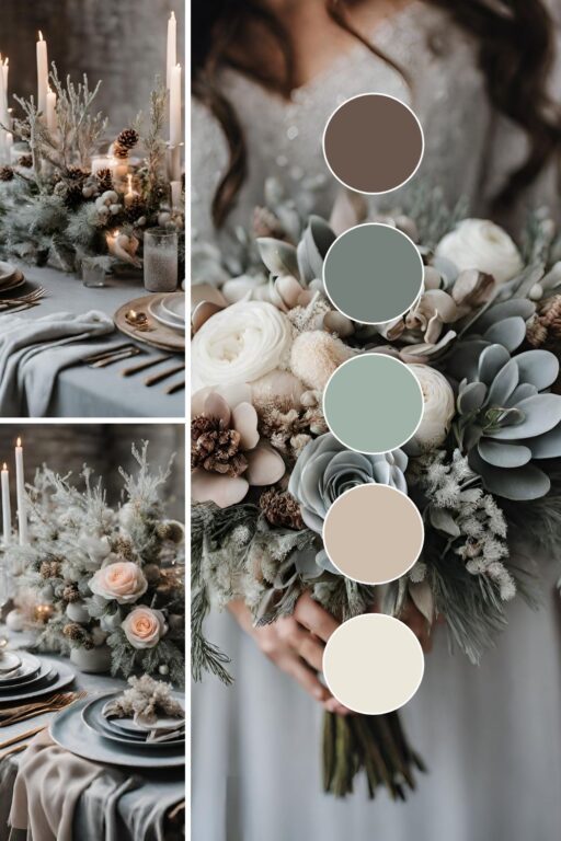 A photo collage with sage green, brown, and off white wedding color ideas.