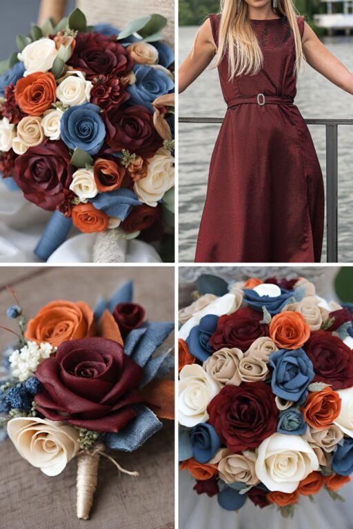 A photo collage with wine red, burnt orange, and denim blue wedding color ideas.