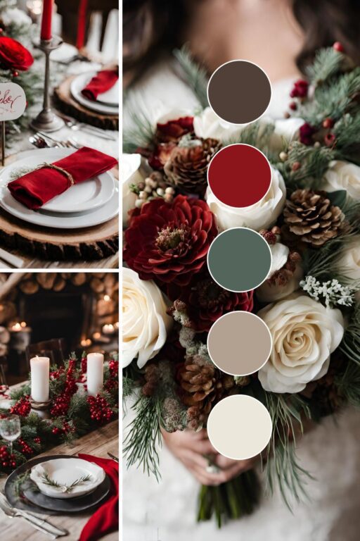 A photo collage with red, dark green, pinecone brown, and white wedding color ideas.