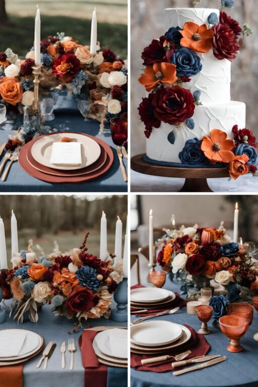 A photo collage with wine red, burnt orange, and denim blue wedding color ideas.