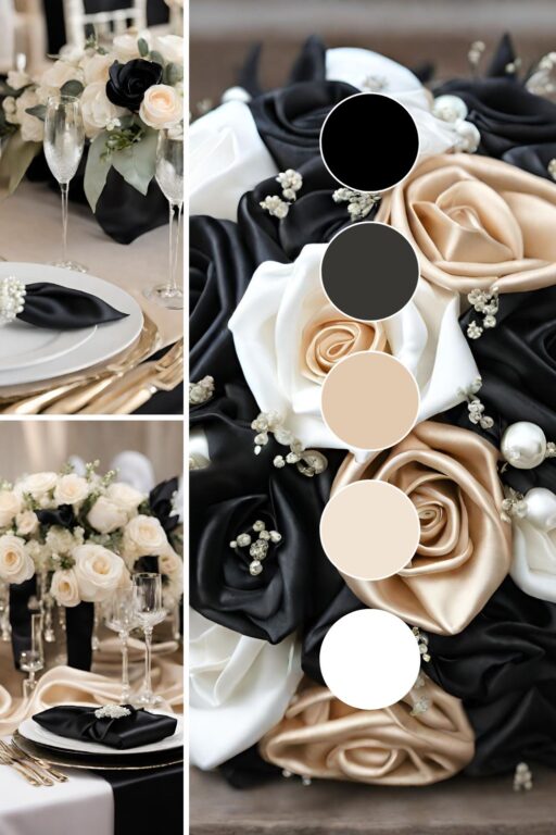 A photo collage with black, champagne, and white wedding color ideas.