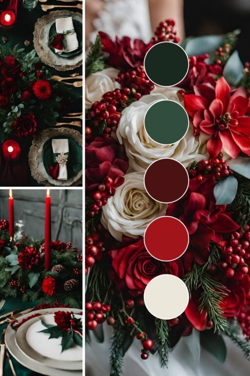 A photo collage with holiday themed wedding color ideas.