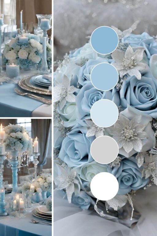 A photo collage with ice blue, silver, and white wedding color ideas.