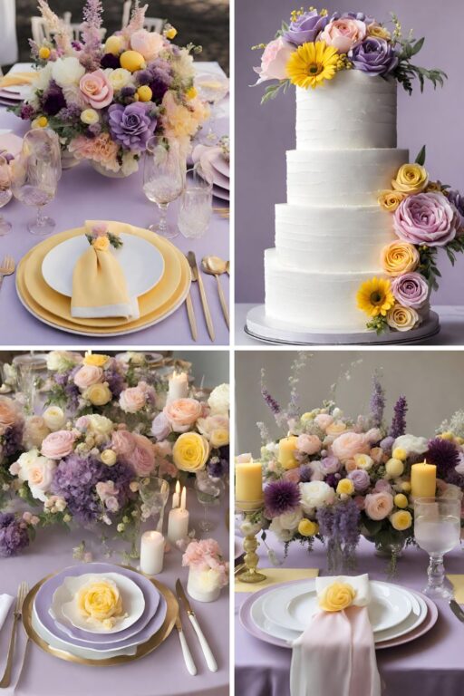 A photo collage with pastel purple, pink, and yellow wedding color ideas.