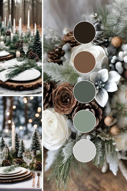 A photo collage with brown, sage green, and white wedding color ideas.