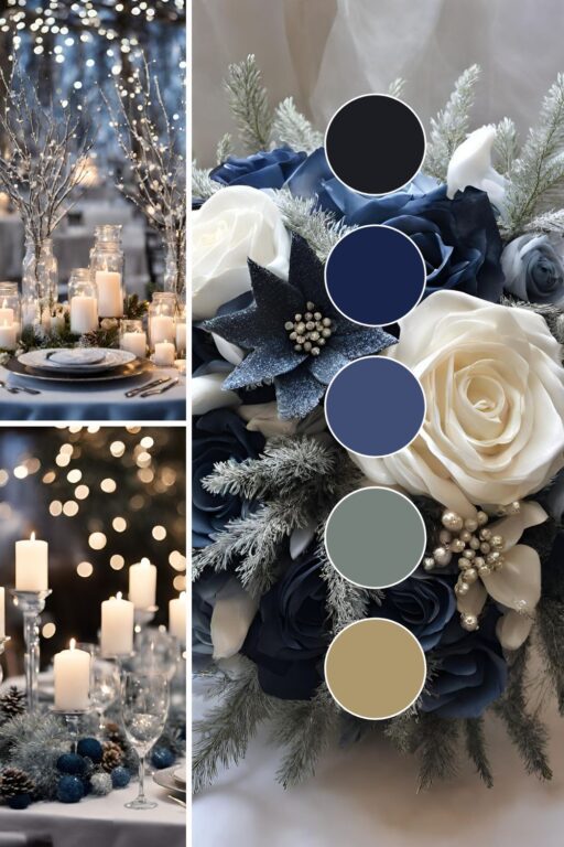 A photo collage with dark blue, gold, and white wedding color ideas.