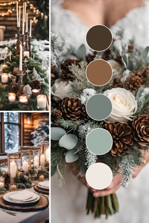 A photo collage with brown, green, and white wedding color ideas.