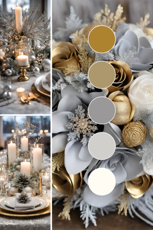 A photo collage with gold, silver, and white wedding color ideas.