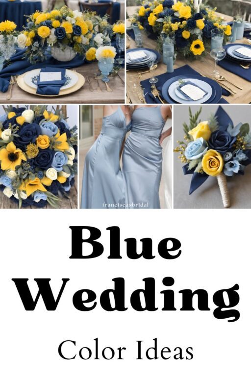A photo collage with blue and yellow wedding colors.
