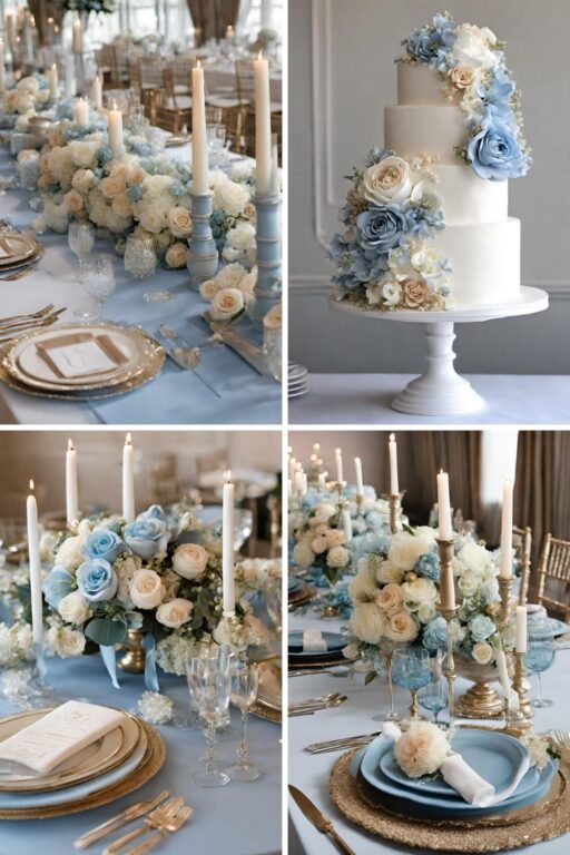 A photo collage of powder blue and champagne wedding color ideas.